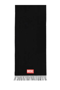 Diesel men’s imon scarf black wool blend with red logo patch and fringed edges for stylish winter wear