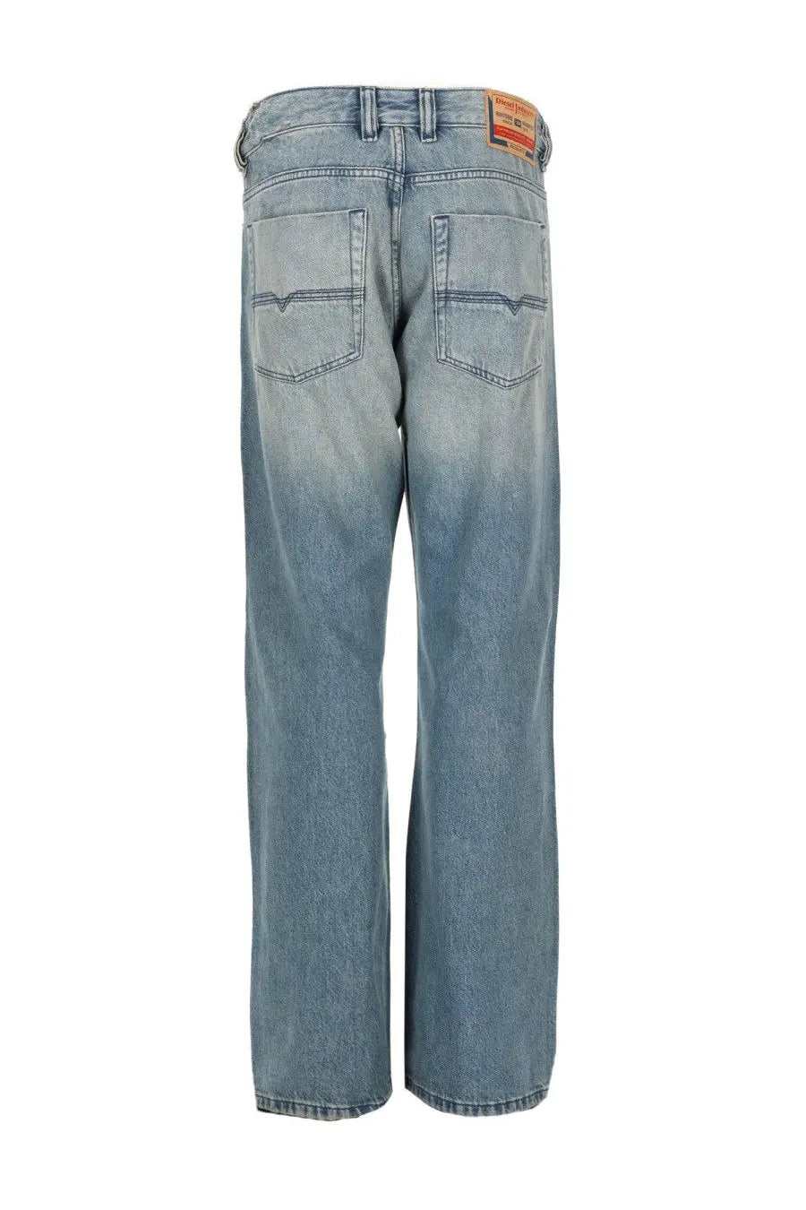 Back view of diesel men’s jeans eeper blue light-wash denim with relaxed straight-leg cut and stitched back pockets