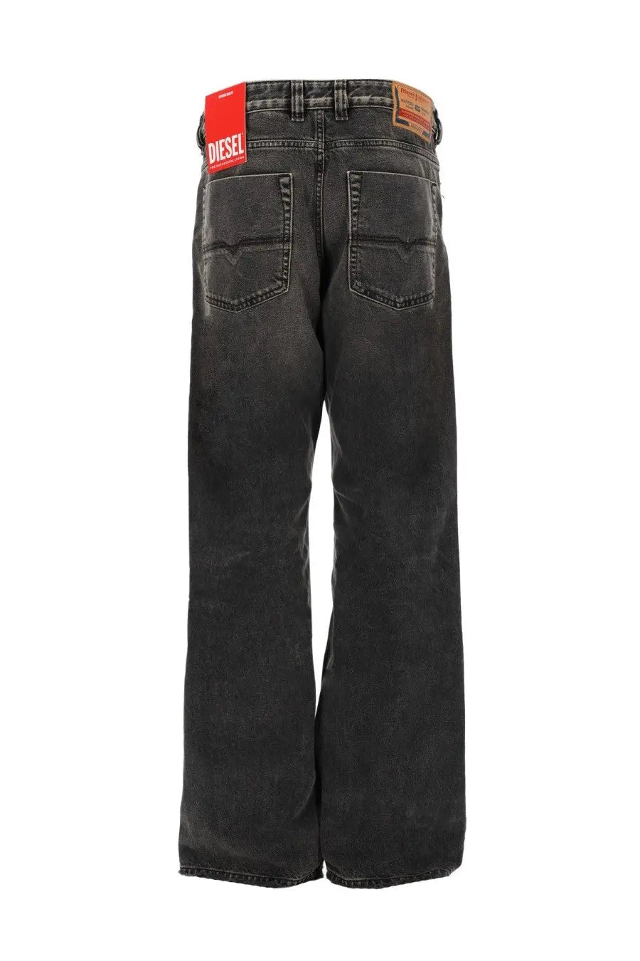 Black wide-leg denim jeans with faded wash and red Diesel brand tag at waistband in Diesel men’s jeans Eeper grey