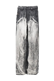 Diesel men’s wide-leg denim jeans in blue with distressed black and white marble wash and visible stitching details
