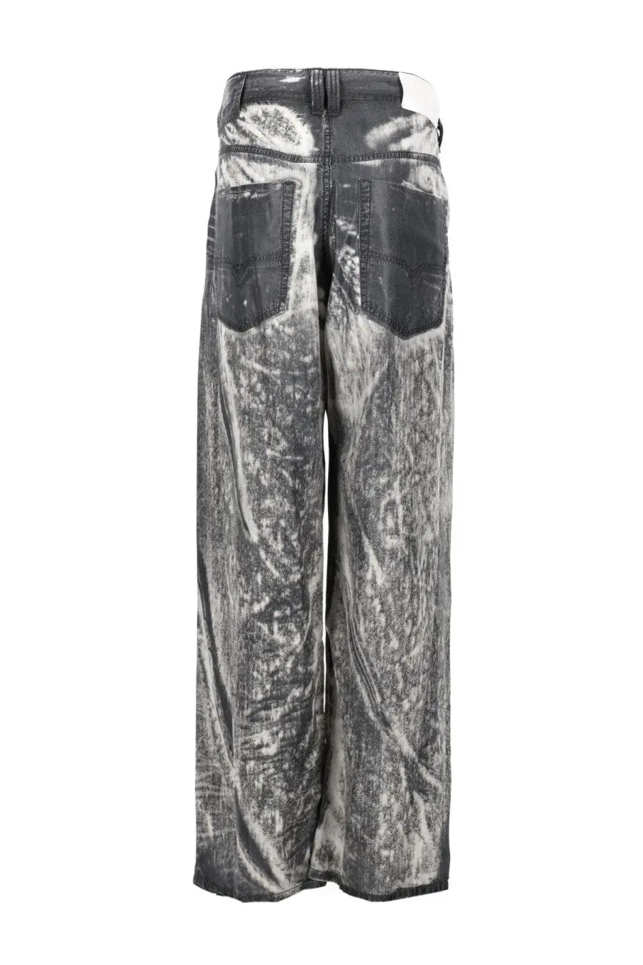 Diesel men’s wide-leg denim jeans with distressed tie-dye pattern in gray and white shades