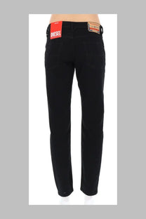 Diesel men’s jeans larkee beex black straight-leg black denim with red brand label at the waistband showing back side