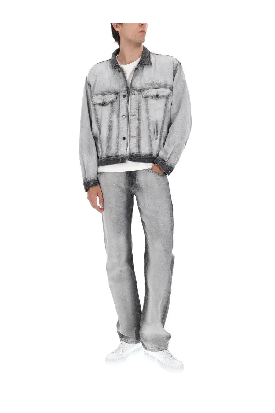 Diesel men’s jeans larkee FSI1 grey faded gray denim jacket with buttons and chest pockets over a white t-shirt