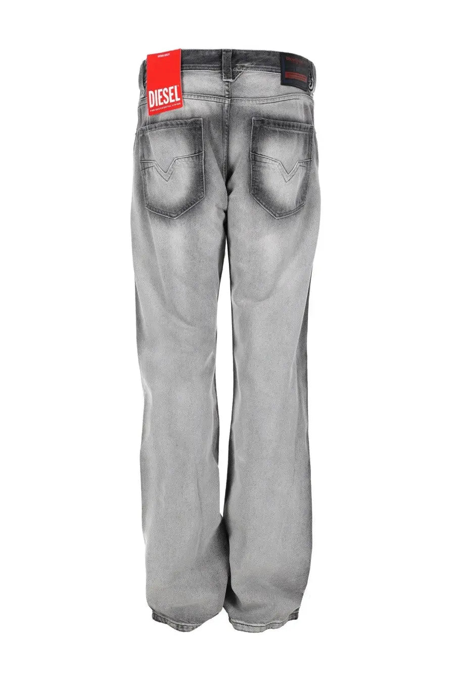 Diesel men’s gray distressed denim jeans with faded wash and visible brand label at the waistband