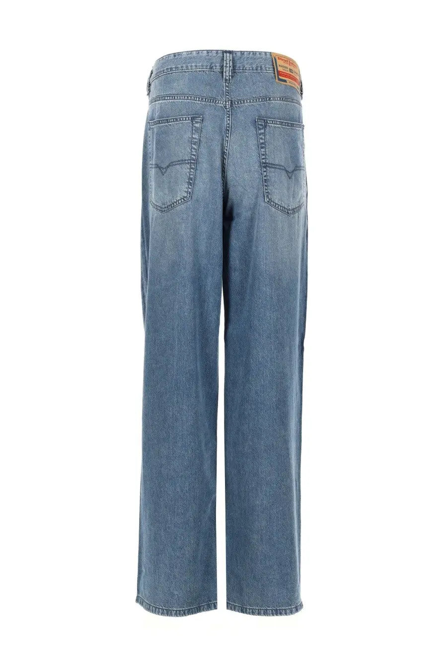 Back view of diesel men’s jeans macro blue light-wash denim with straight-leg cut and brown leather brand patch