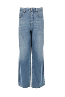 Diesel men’s jeans macro blue light-wash denim with wide-leg cut and classic five-pocket design front view