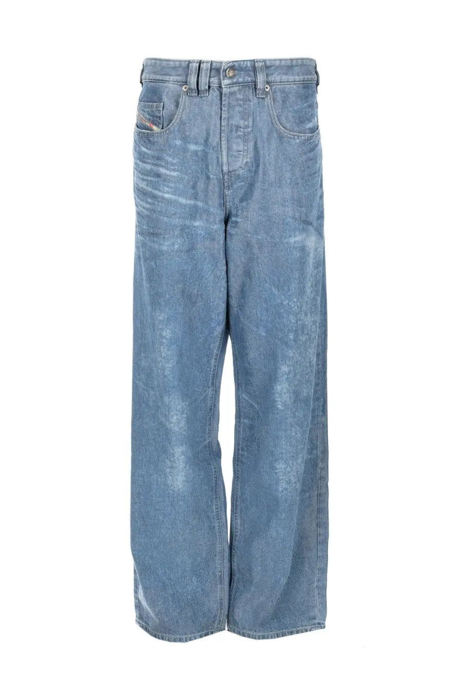 Back side of diesel men’s light-wash denim jeans in blue with wide-leg cut and subtle fading showing diesel logo