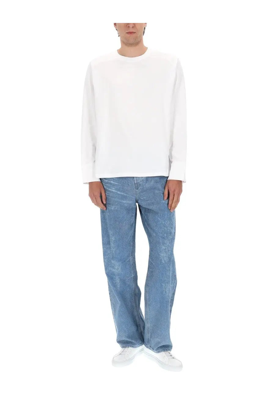Diesel men’s jeans macro FSI1 blue light-wash straight-leg denim with faded and distressed texture