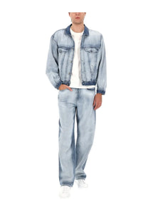 Light-wash denim jacket with classic button-up front and flap pockets.