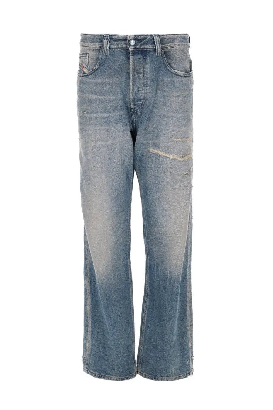Diesel men’s jeans macs blue distressed denim jeans with faded wash and subtle wear patterns