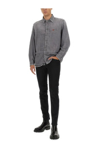 Diesel men’s jeans strukt black gray denim button-up shirt with frayed cuffs collar and small red chest logo
