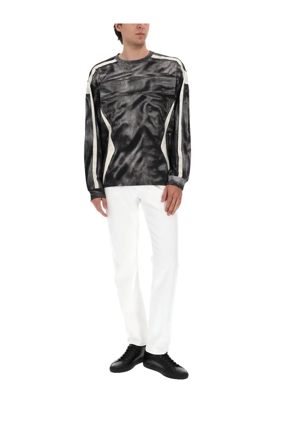 Black and white leather-trimmed long-sleeve top with a glossy textured finish in Diesel men’s jeans Vyl white product image