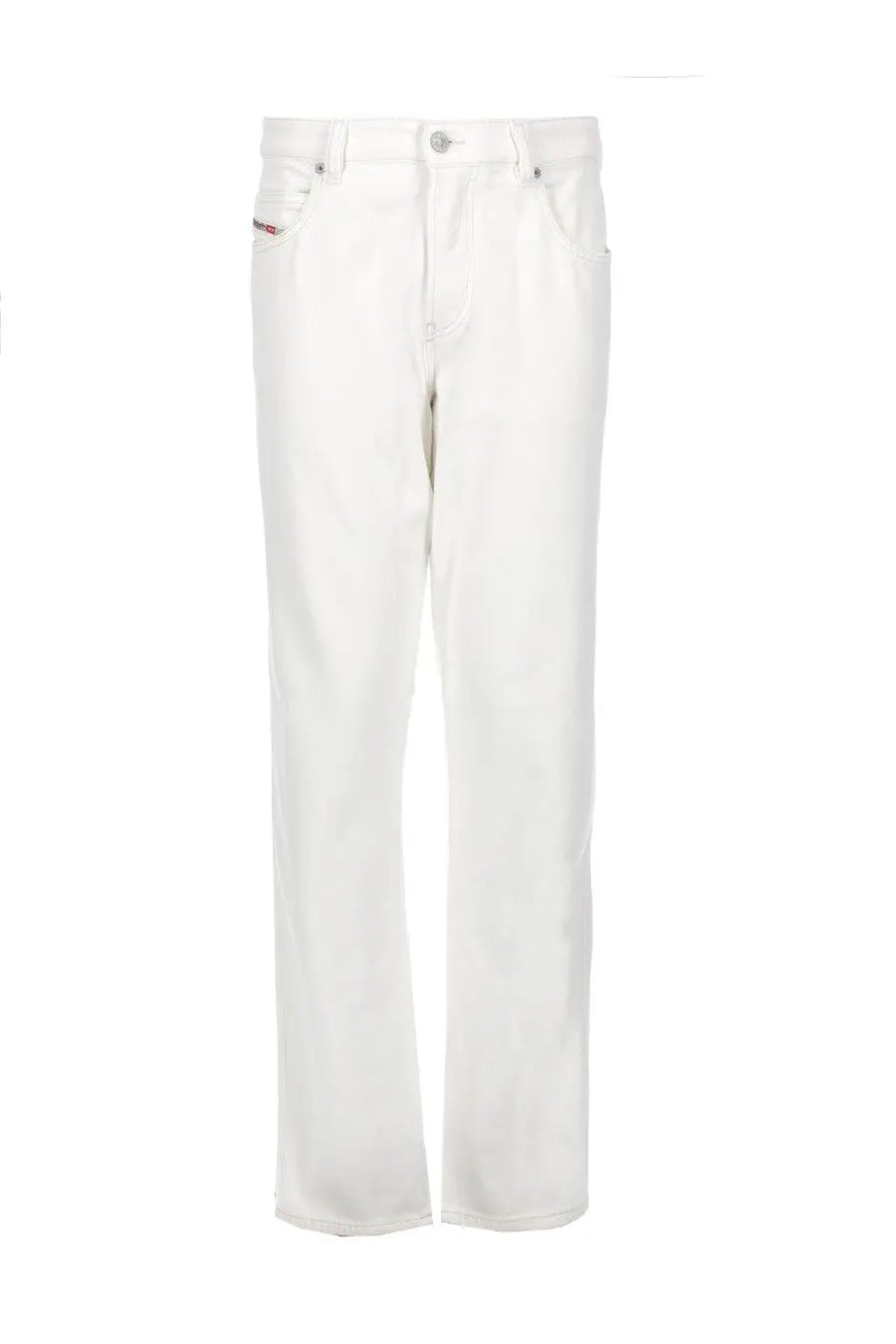 Diesel men’s white denim jeans with classic five-pocket design and diesel logo on front right pocket