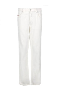 Diesel men’s white denim jeans with classic five-pocket design and diesel logo on front right pocket