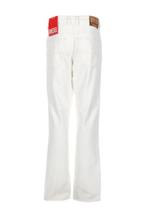 Diesel men’s white denim jeans with red diesel brand label at the waistband front view