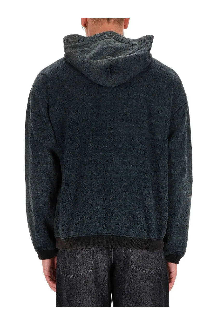 Dark gray textured Diesel men’s Kai hooded sweatshirt with a faded worn-in look and comfortable fabric