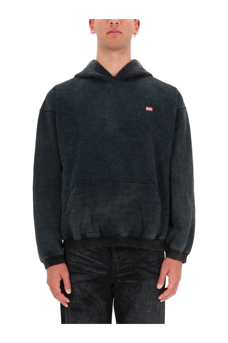 Diesel men’s kai sweatshirt black diesel hoodie with faded distressed texture and small red logo on the chest