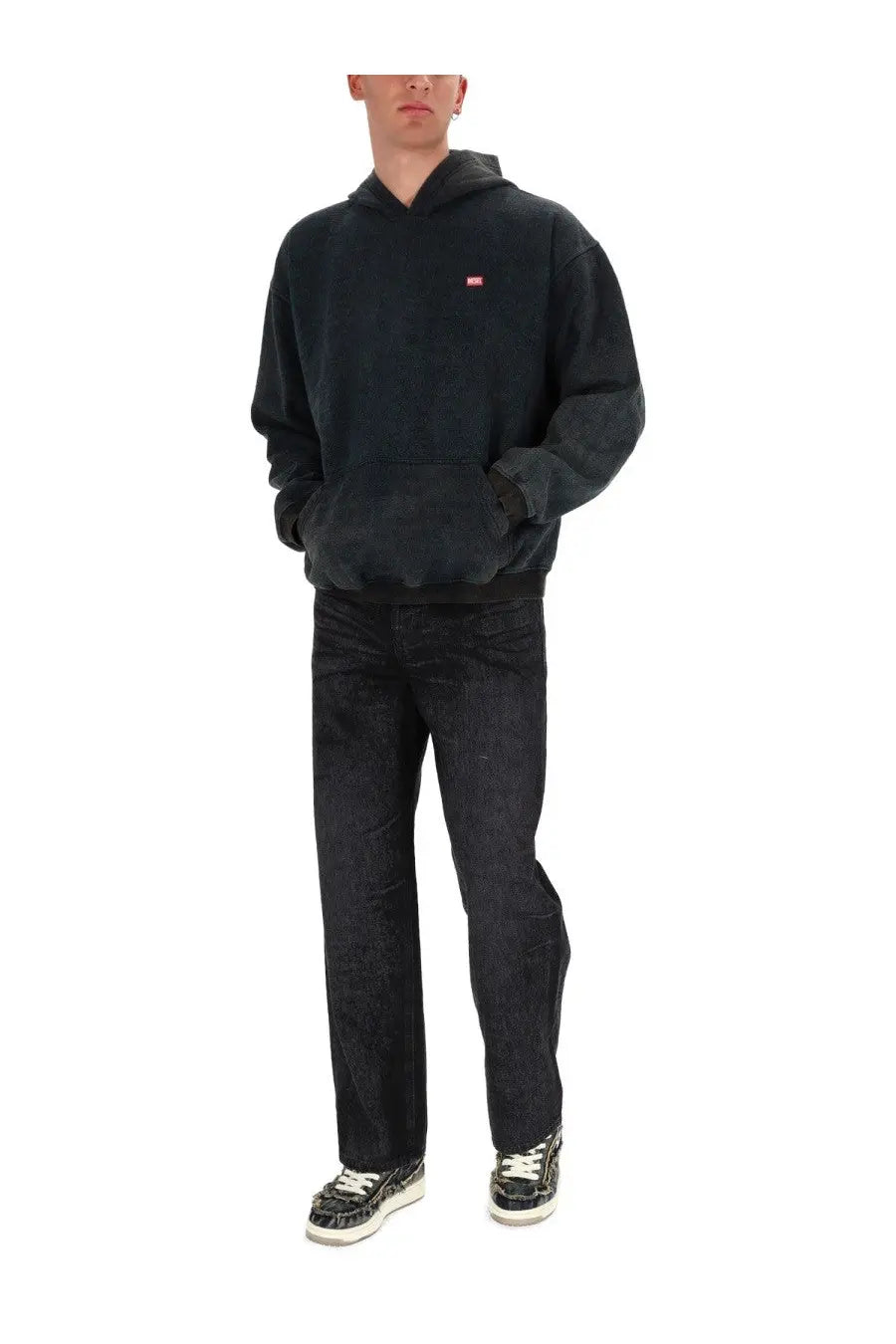 Diesel men’s Kai sweatshirt black oversized hoodie with small red logo on chest for casual wear