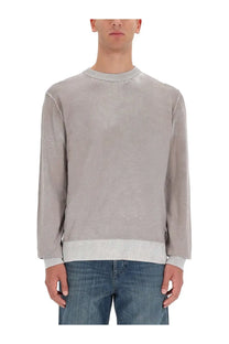 Diesel men’s larence jersey grey soft light gray crewneck sweater with subtle textured knit and contrasting ribbed cuffs and hem