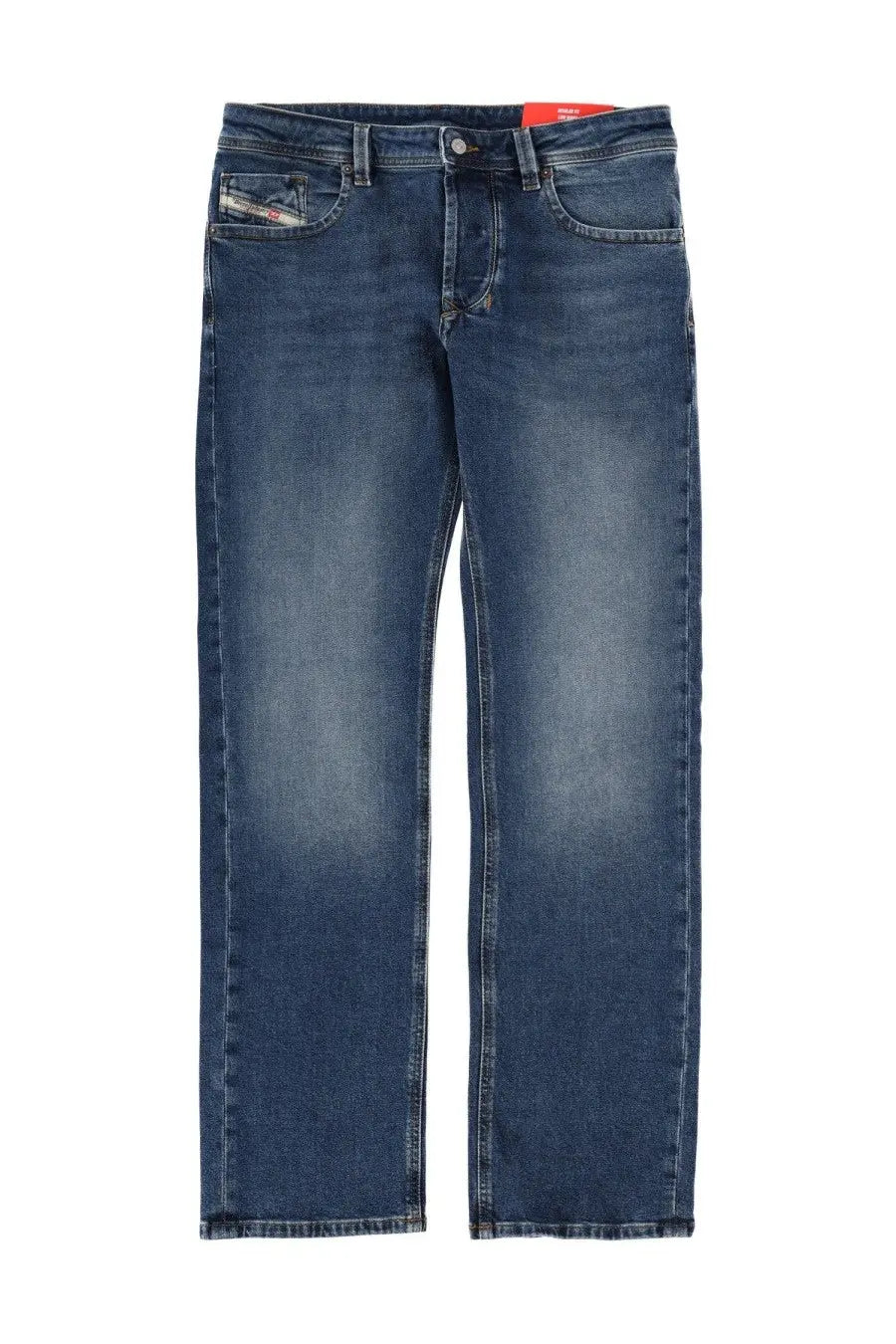 Diesel men’s larkee blue denim jeans with faded wash five-pocket design and brand logo on front right pocket