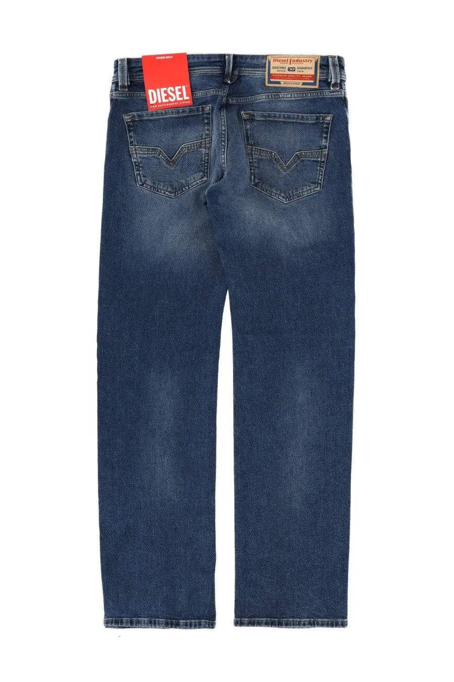 Blue denim Diesel men’s Larkee jeans with faded wash and stitched back pockets visible from the back side