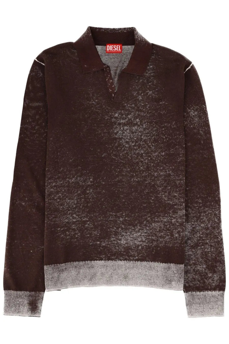 Diesel men’s lawrence polo shirt brown with distressed speckled texture and gray ribbed cuffs and hem