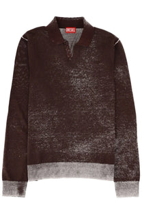 Diesel men’s lawrence polo shirt brown with distressed speckled texture and gray ribbed cuffs and hem