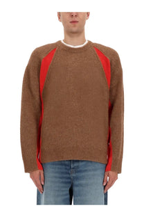 Diesel men’s Lollo sweater multicolor brown ribbed knit with bold red contrast panels on sleeves and sides