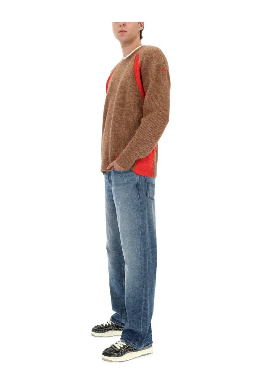Diesel men’s lollo sweater multicolor brown ribbed knit with red panel accents on shoulders and sleeves front view