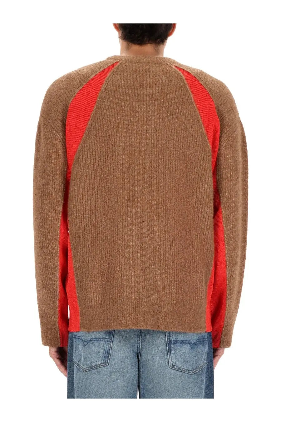 Diesel men’s Lollo sweater in camel knit with bold red ribbed panels on shoulders and sleeves multicolor design