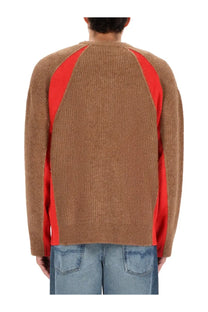 Diesel men’s Lollo sweater in camel knit with bold red ribbed panels on shoulders and sleeves multicolor design