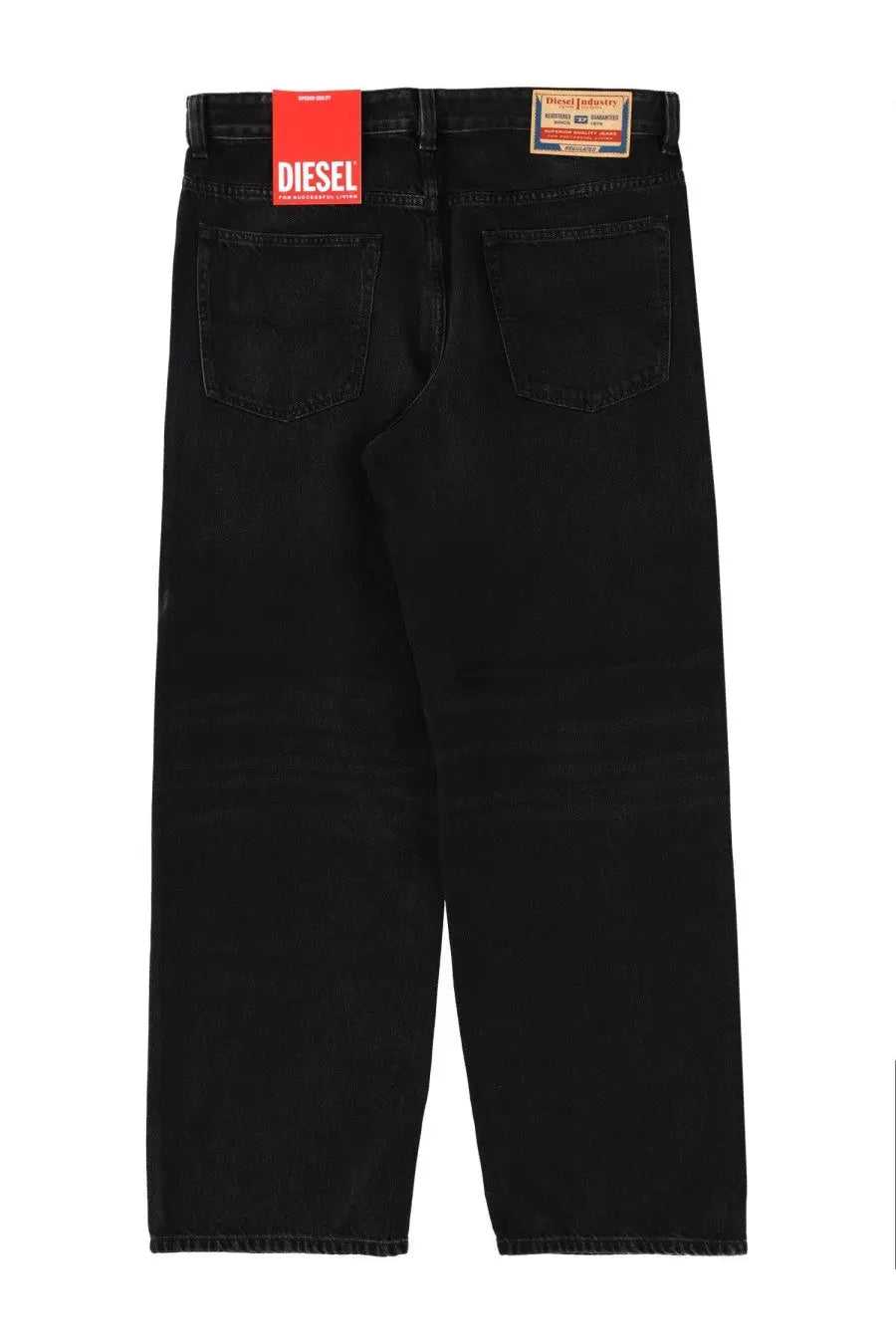 Diesel men’s macro jeans black straight-leg black denim jeans with red Diesel brand tag on the waistband