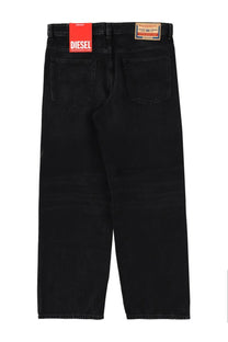 Diesel men’s macro jeans black straight-leg black denim jeans with red Diesel brand tag on the waistband