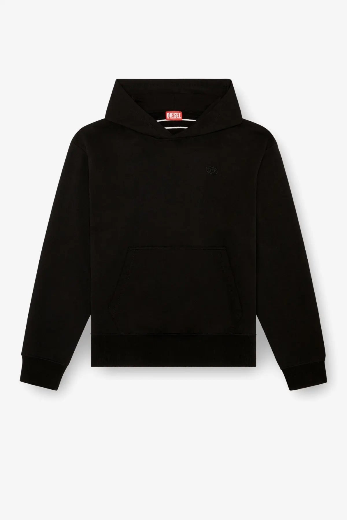 Diesel men’s black cotton sweatshirt with subtle embroidered logo and red brand tag at neckline visible in the image