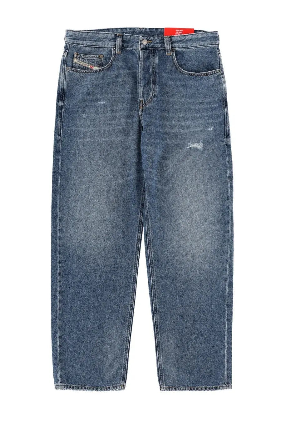 Diesel men’s Macs jeans blue featuring faded wash denim with subtle distressing and Diesel logo on front pocket