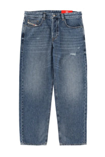Diesel men’s Macs jeans blue featuring faded wash denim with subtle distressing and Diesel logo on front pocket
