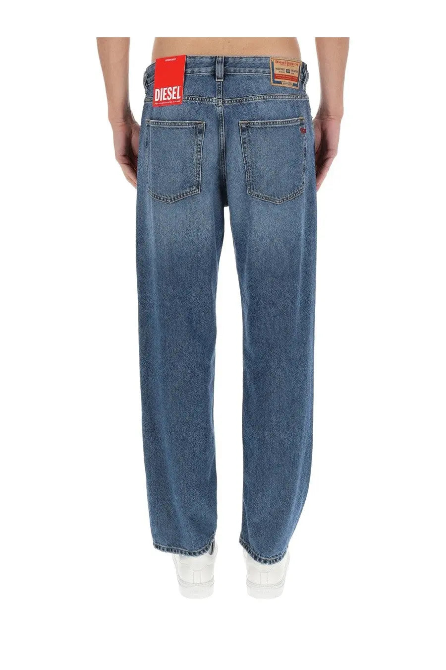 Blue denim relaxed fit jeans for men with red diesel brand label on waistband Diesel men’s Macs jeans blue