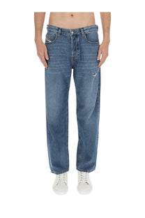 Diesel men’s Macs jeans blue medium-wash denim straight-leg with subtle distressing on the right thigh