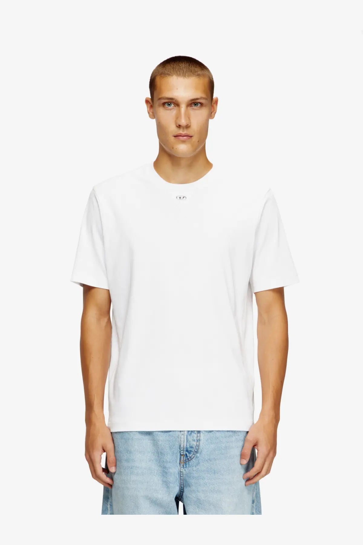Diesel men’s madjust TR white cotton crewneck t-shirt with a small minimalist logo at the neckline
