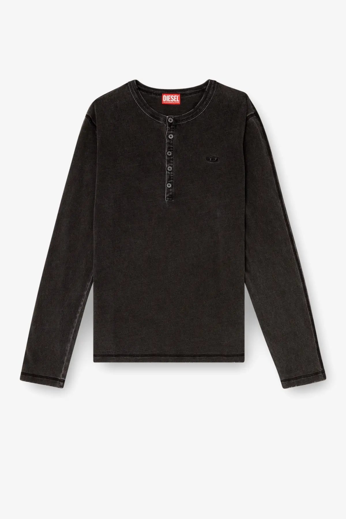 Diesel men’s mind cotton shirt grey long-sleeved henley with buttoned placket and subtle embroidered logo on chest