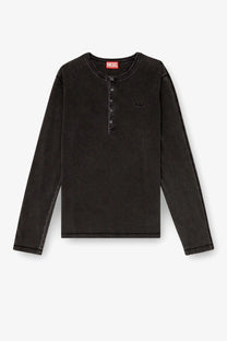 Diesel men’s mind cotton shirt grey with black long-sleeved henley style and buttoned placket with embroidered logo