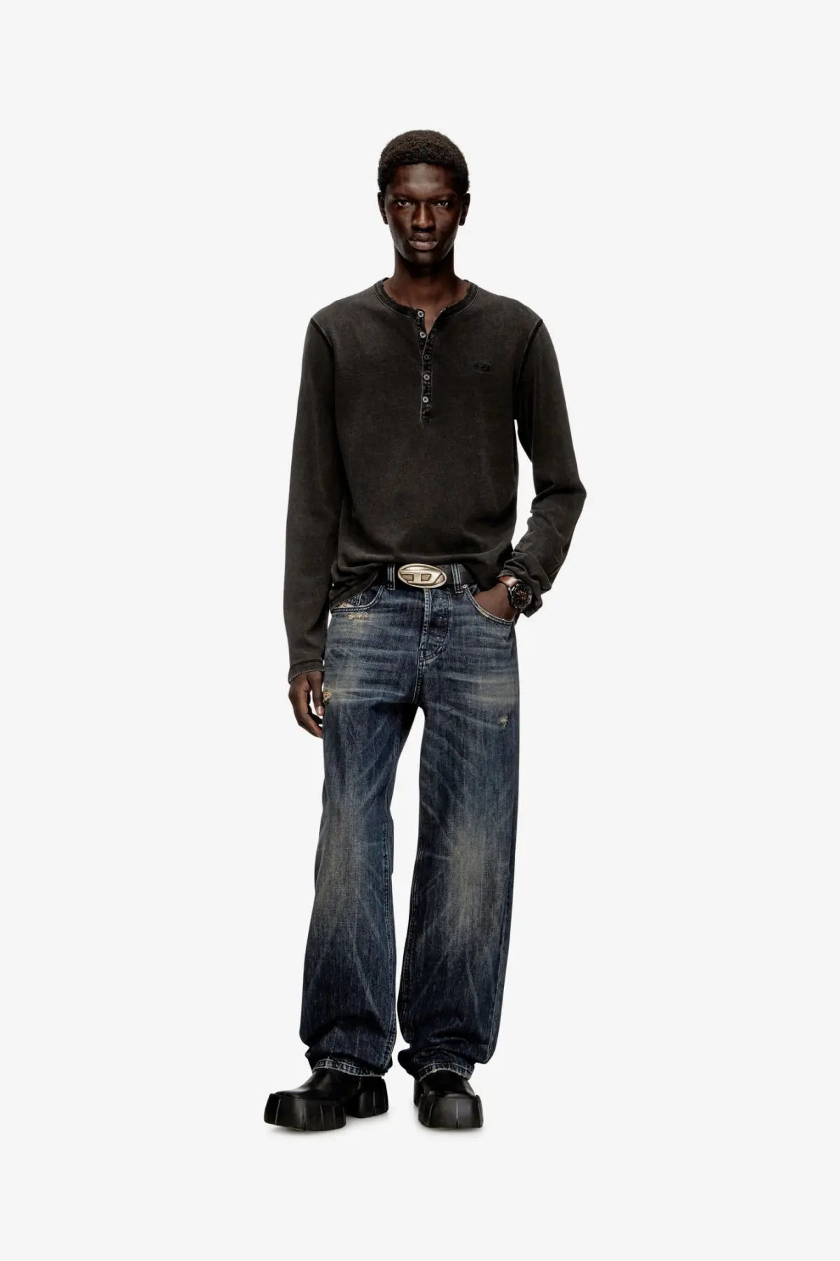 Dark gray diesel men’s long-sleeved henley cotton shirt with buttoned placket and subtle chest logo