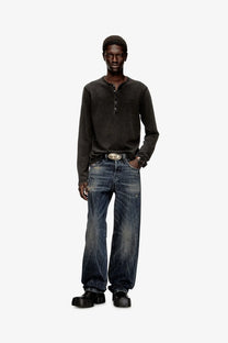 Dark gray diesel men’s long-sleeved henley cotton shirt with buttoned placket and subtle chest logo