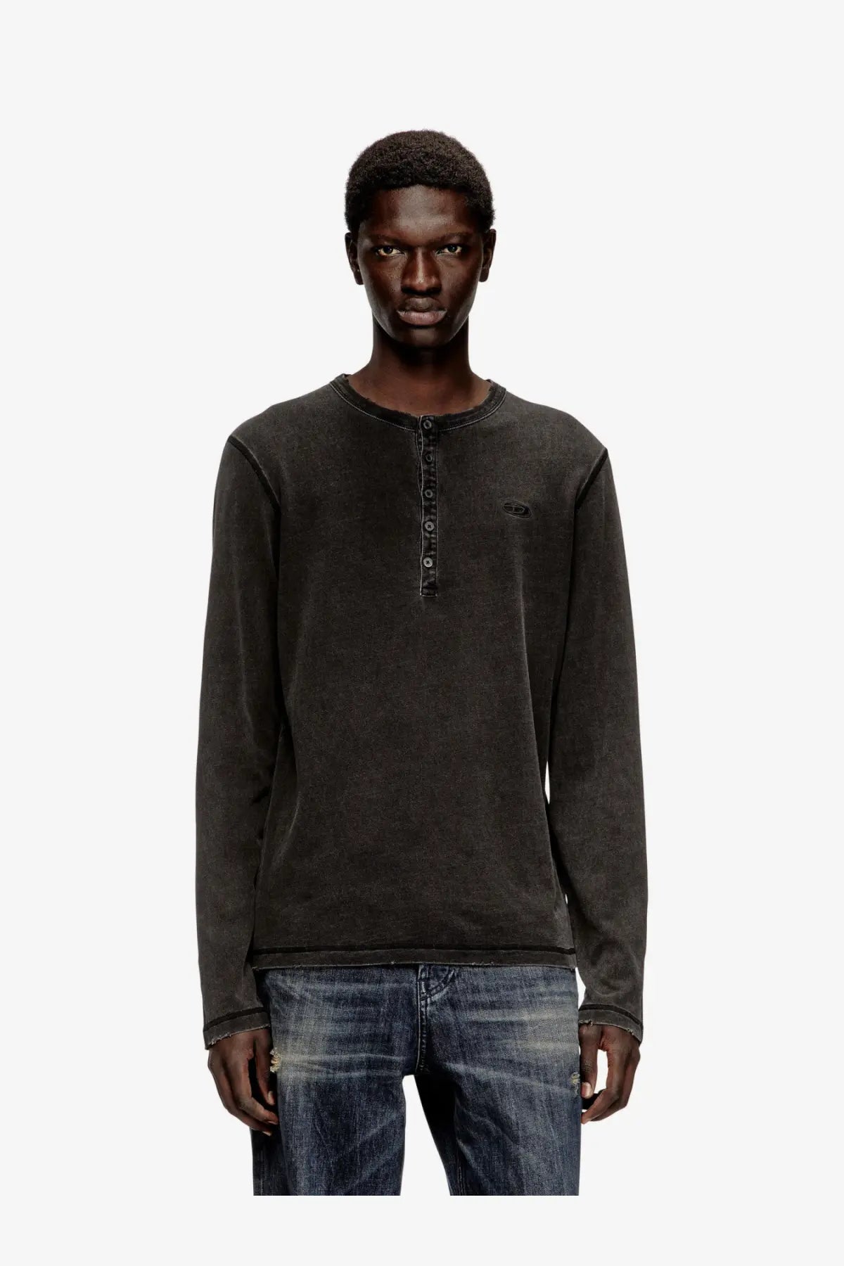 Diesel men’s mind cotton shirt grey long-sleeved henley with buttoned placket and subtle chest logo