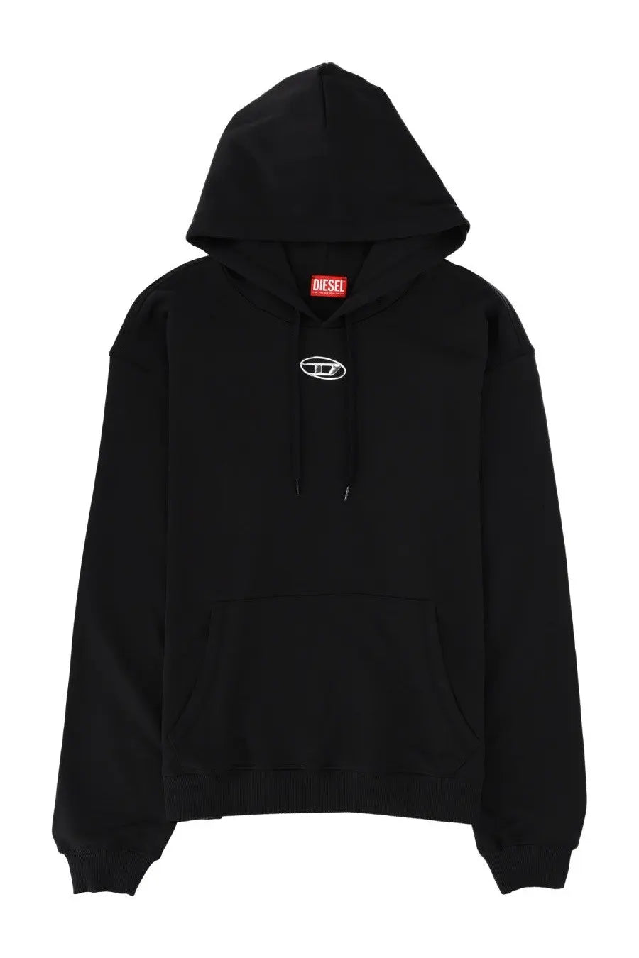 Diesel men’s norm hood iod black diesel hoodie with white embroidered logo on chest and red brand tag at neckline