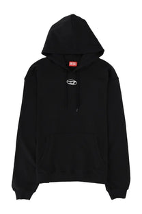 Diesel men’s norm hood iod black diesel hoodie with white embroidered logo on chest and red brand tag at neckline
