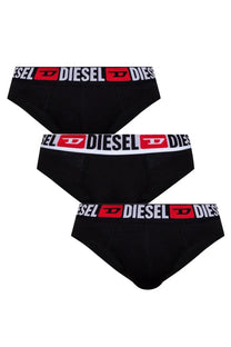 Diesel men’s black briefs with red and white logo trim made from soft comfortable fabric in a pack of three