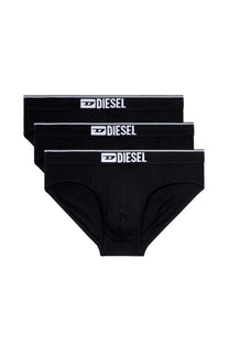 Black diesel men’s briefs with white logo and trim from a pack of three designed for everyday comfort