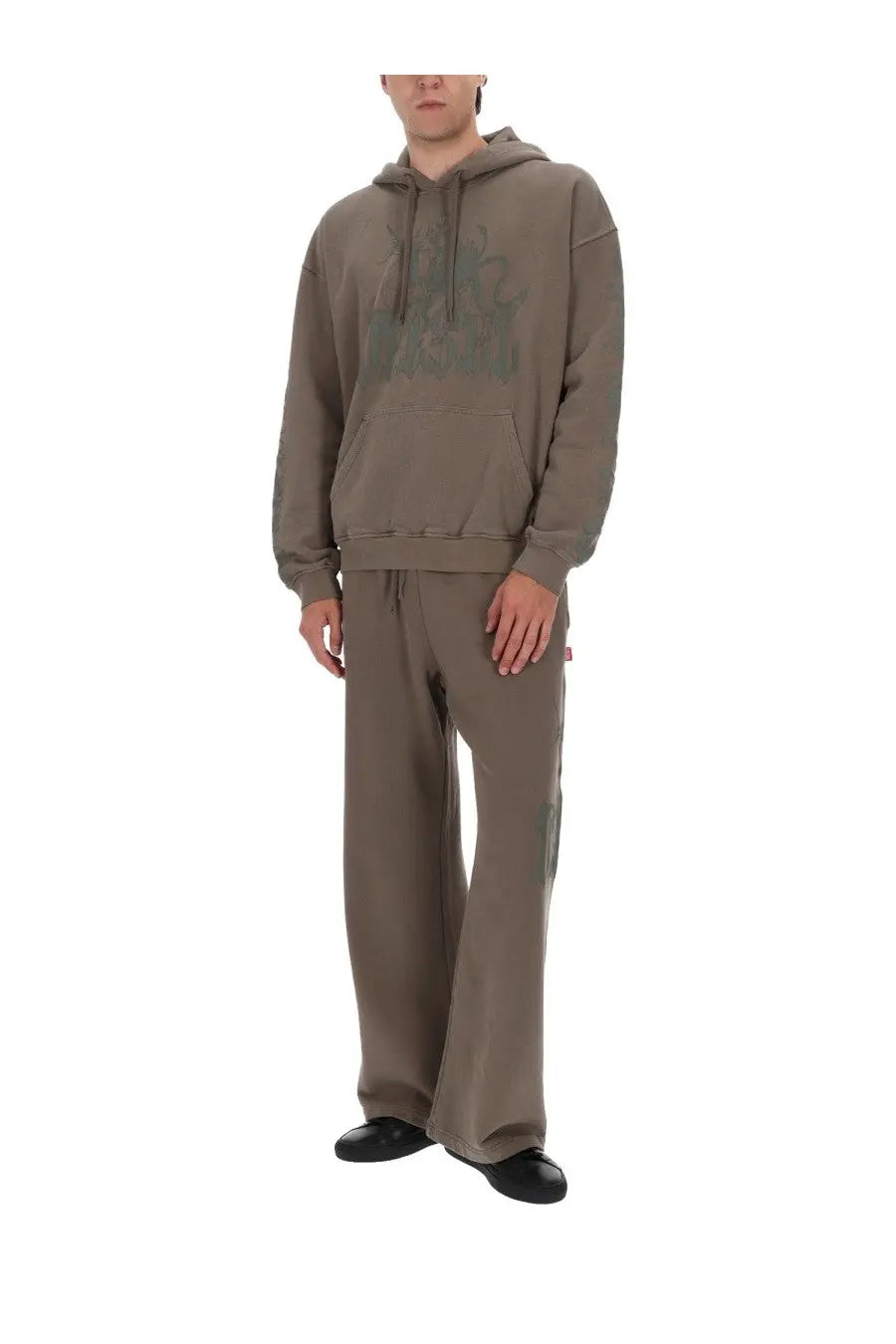 Diesel men’s pantalone gro brown muted olive green hooded sweatshirt with faded distressed graphic and matching drawstrings