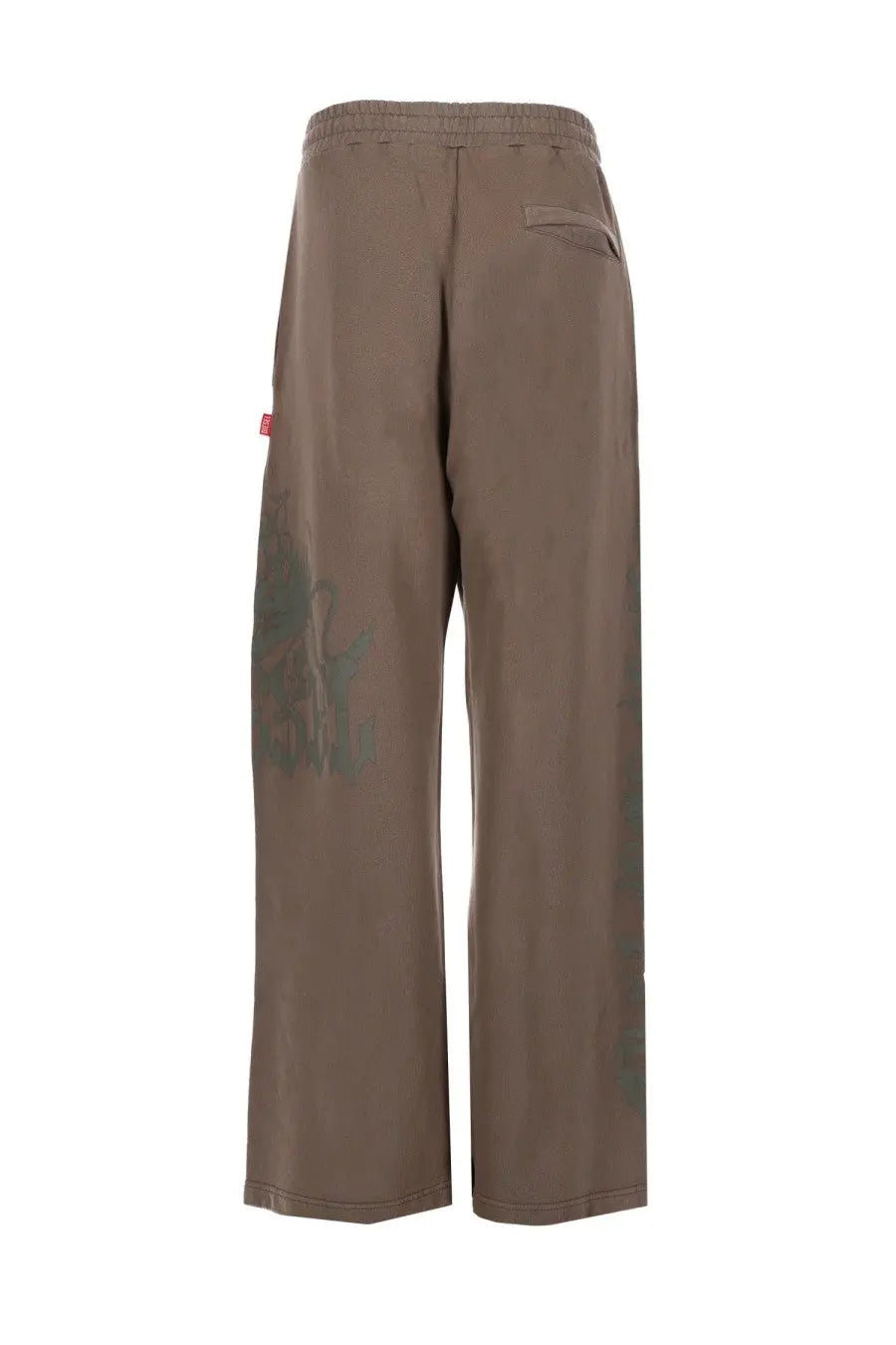 Diesel men’s pantalone gro brown wide-leg pants with elastic waistband and subtle camouflage print on the left leg